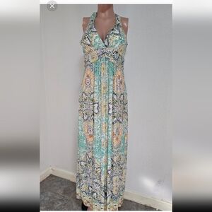 Shoreline Green and Blue Ruched Maxi Sundress